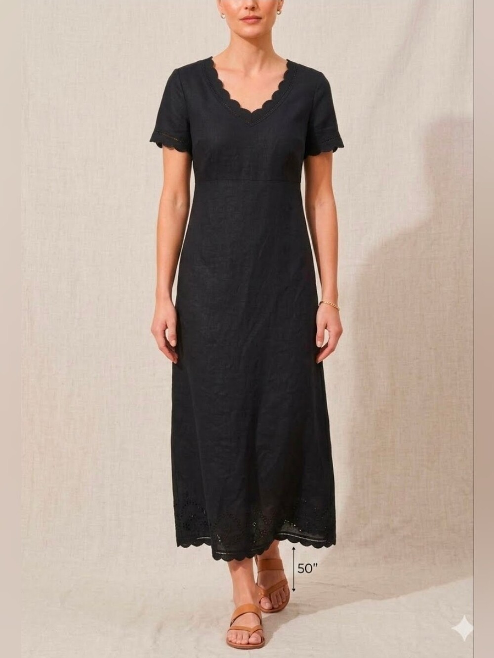 Mercer & Madison Black Linen Embroidered Scalloped V-Neck Maxi Dress 12